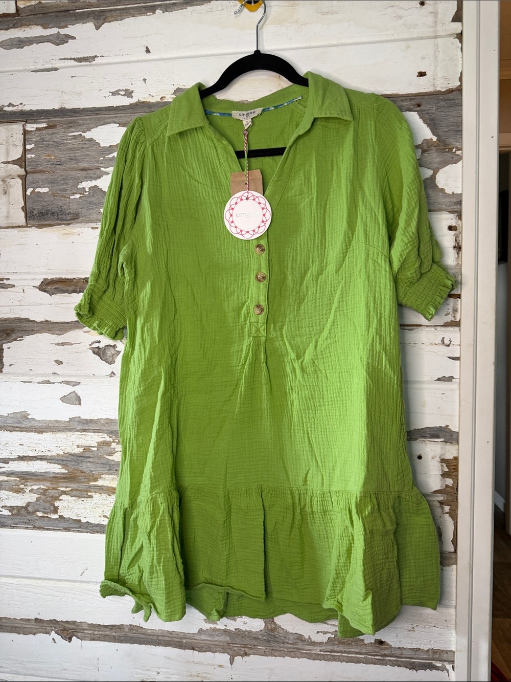 Umgee Lime Green Button-Front Tunic with Ruffled Hem 13